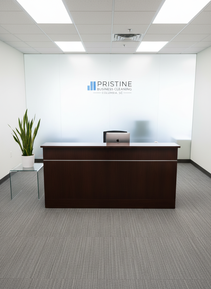 An overhead, photographic view of a freshly cleaned office reception area featuring a polished dark wood desk with a flawless, dust-free surface and a neatly aligned, closed laptop. The surrounding floor, either low-pile gray carpet or sleek vinyl, appears perfectly vacuumed with visible, orderly lines. Nearby, a glass-topped side table sparkles without fingerprints, holding a single, well-positioned plant in a clean white pot. Soft, evenly distributed ceiling lighting illuminates the space without harsh glare, while a distant frosted window provides gentle ambient daylight. The composition emphasizes symmetry and organization, with sharp focus across the scene, conveying a professional, insured cleaning service that supports businesses in Columbia, SC by maintaining a pristine, welcoming first impression.