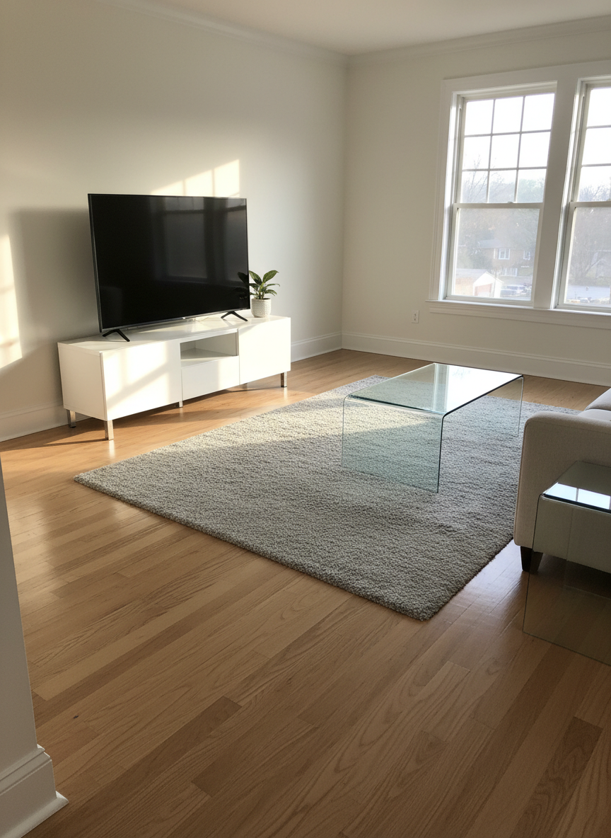 A pristine, sunlit living room with freshly cleaned, gleaming hardwood floors and a spotless, soft gray area rug as the main focus. The surfaces of a white media console and a glass coffee table are completely free of dust and clutter, reflecting light with a subtle sheen. Large windows with perfectly streak-free glass allow soft morning light to stream in, casting gentle, crisp shadows and highlighting the immaculate baseboards and corners. Captured at eye level with photographic realism, the composition uses the rule of thirds to showcase the room’s top-to-bottom cleanliness. The atmosphere feels calm, professional, and welcoming, with a modern, neutral color palette that emphasizes order, hygiene, and attention to detail in a Columbia, SC home environment.