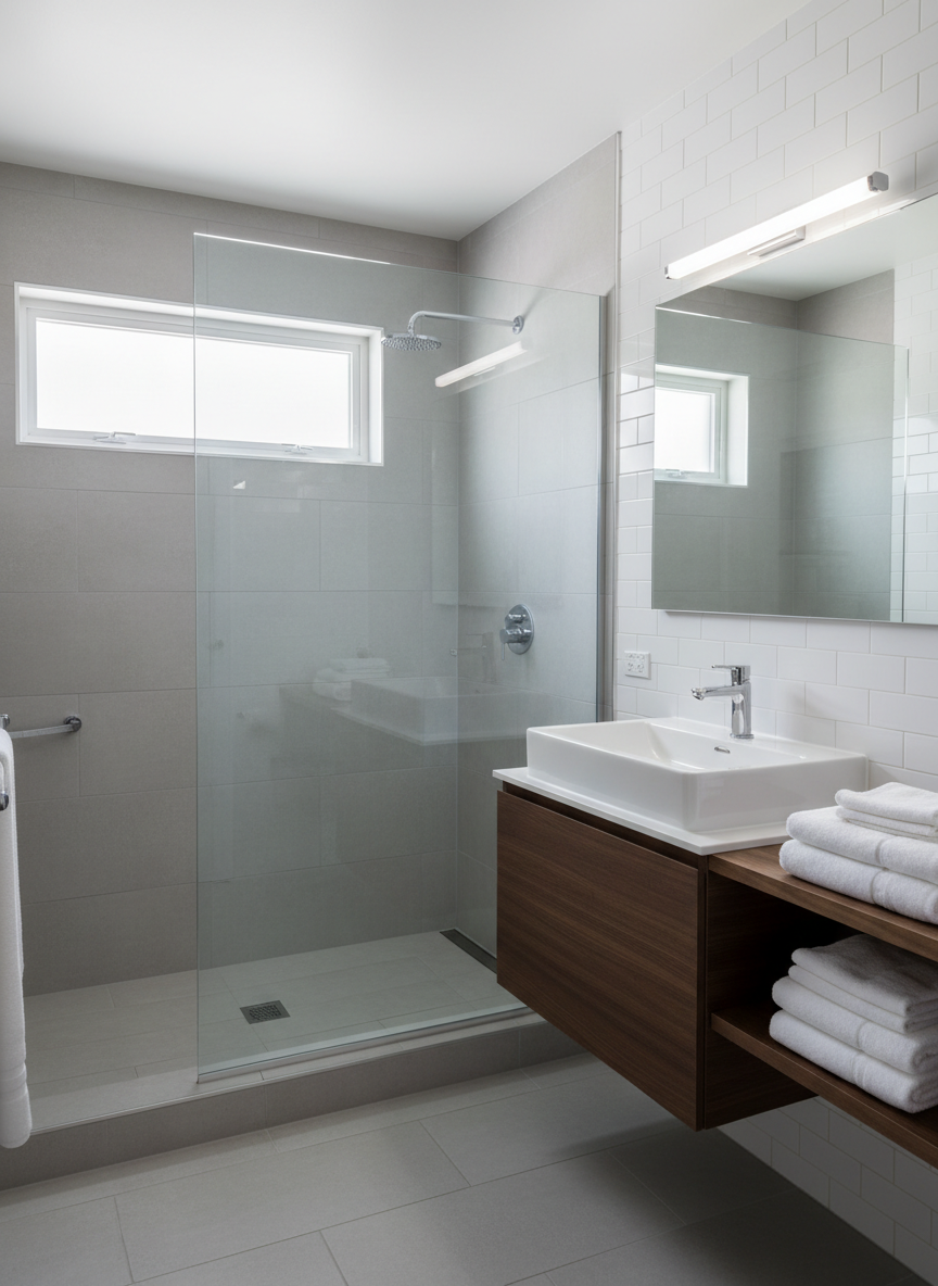 A meticulously cleaned, modern bathroom with a flawless glass shower enclosure as the primary focus, entirely free of water spots or soap scum. The white ceramic sink and glossy subway tile walls gleam under bright, cool-toned overhead lighting, while a small frosted window lets in diffused natural light that softens the scene. The chrome fixtures and mirror edges catch subtle highlights, indicating a recent, detailed wipe-down. Fluffy, neatly folded white towels rest on an organized shelf with no clutter in sight. Captured at an eye-level perspective in photographic realism, the composition emphasizes straight lines, polished surfaces, and sanitized fixtures, conveying a hygienic, professional, and trustworthy cleaning service that treats every bathroom with top-notch precision.
