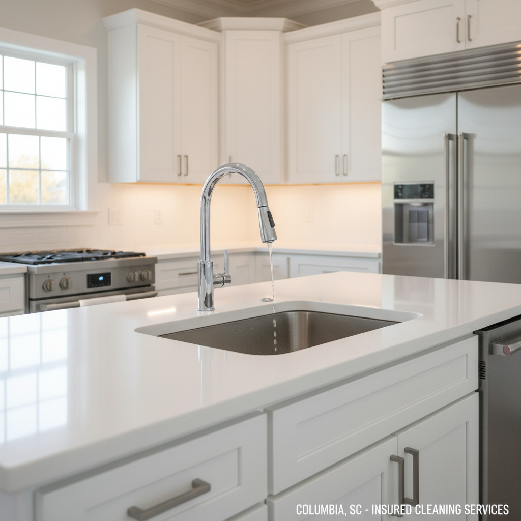 A sparkling, professionally cleaned kitchen showcasing immaculate stainless steel appliances, a spotless white quartz countertop, and a perfectly polished chrome faucet as the central subject. Every cabinet door and drawer front appears smudge-free, with subtle reflections along their smooth surfaces. Under-cabinet LED lighting and soft afternoon daylight from a nearby window combine to create a bright, even illumination, emphasizing the absence of crumbs, streaks, or grease. The sink basin is completely empty and shining, with water droplets beading off its surface. Shot from a slightly elevated angle with sharp focus throughout, the photographic realism and clean, modern composition communicate trust, reliability, and thorough, insured cleaning services suitable for busy Columbia, SC homeowners and small businesses.