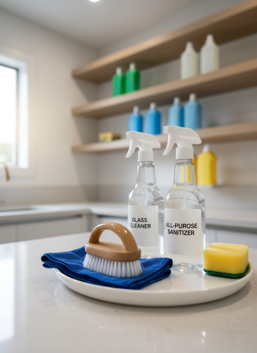 A close-up, photographic realistic scene of professional-grade cleaning tools neatly arranged in a bright utility space. A vibrant blue microfiber cloth, a pristine white scrub brush with firm nylon bristles, labeled spray bottles with clear contents, and an unused sponge sit organized in a shallow white tray on a spotless countertop. Behind them, shelves hold neatly aligned, color-coded cleaning supplies with no visible branding. Soft, diffused overhead lighting and a hint of daylight from an unseen window create gentle highlights on plastic and metal surfaces, emphasizing cleanliness and order. Shot from a slightly low angle with shallow depth of field, the foreground tools are in crisp focus while the background shelves blur softly, creating a calm, confident, and professional mood that communicates preparedness, care, and attention to detail.